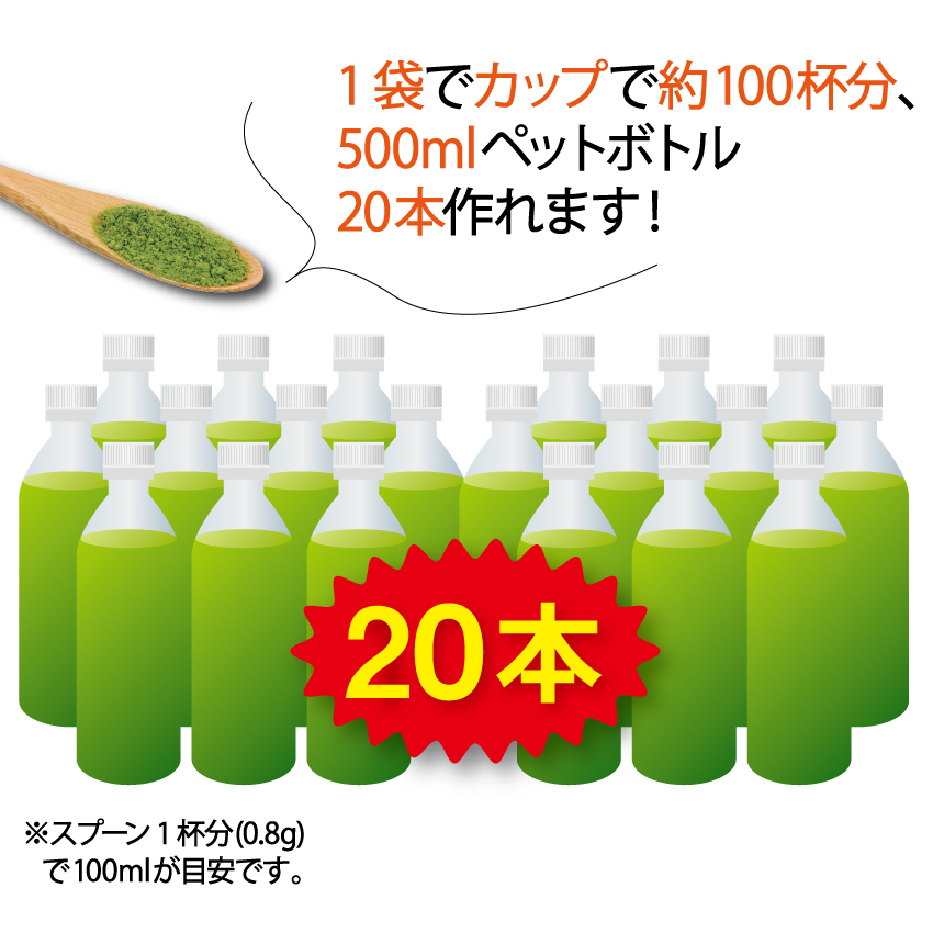 1袋でカップで約100杯分、500mlペットボトル20本作れます!